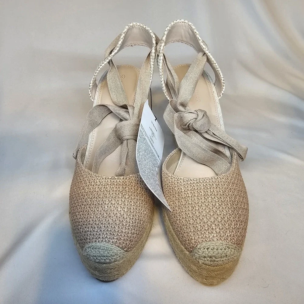 The Drop Espadrille Platform Wedge Sandals Ankle‎ Tie Natural Beige Size 11 Boho